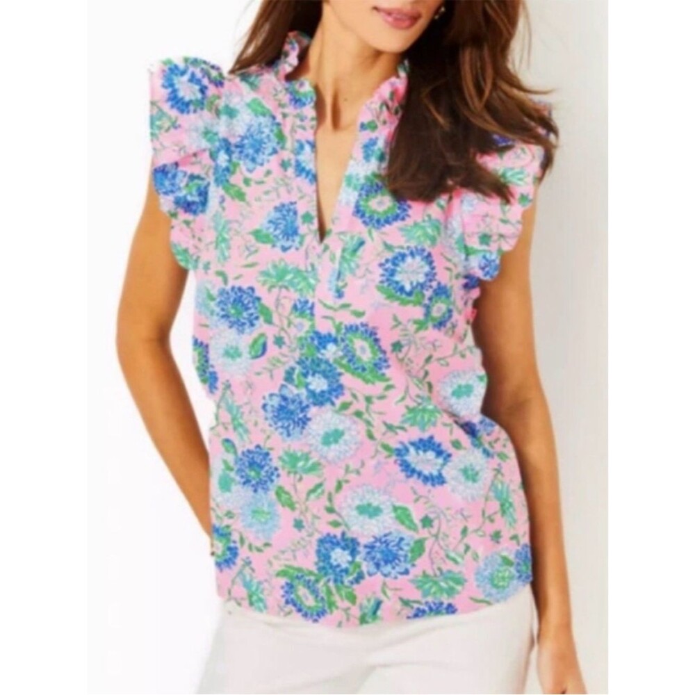 Lilly Pulitzer Klaudie Ruffle Top Pink Blue Floral - Size XS